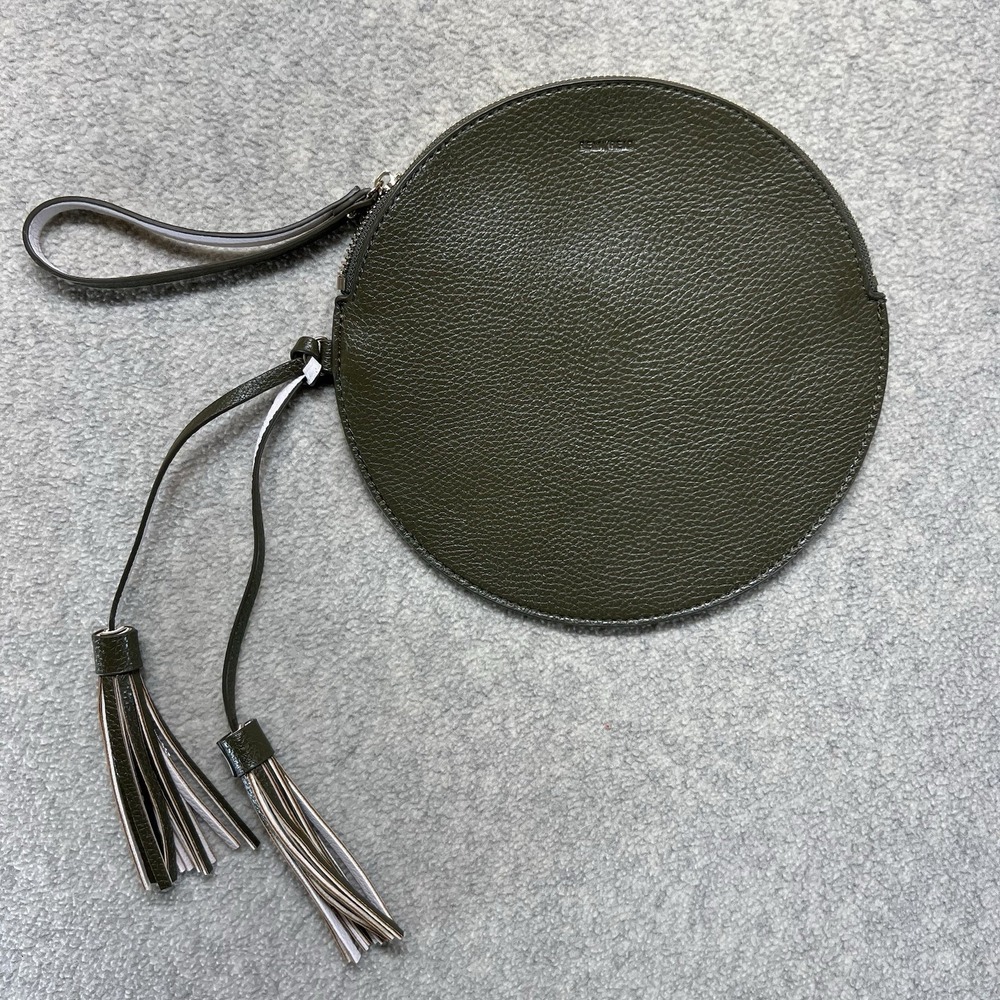 Remi & Reid Round Crossbody Bag Olive Green‎ Pebbled Faux Leather Tassel Purse